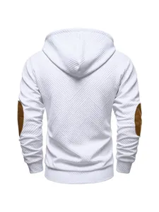 Back view of white textured men's heavy hoodie with brown elbow patches