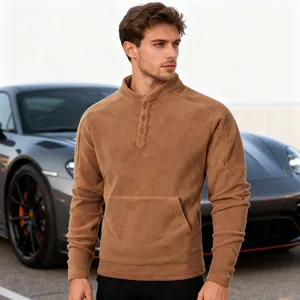 Close-up detail of the brown men's fleece sweatshirt with stand collar and button front style