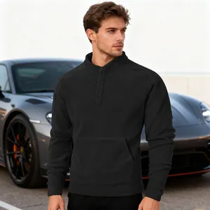 Detail showing a men's black slim-fit fleece sweatshirt with stand collar and buttons