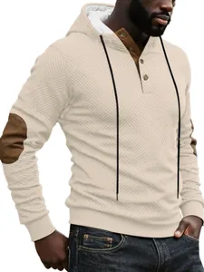 Men's textured beige hooded sweatshirt with brown elbow patches and buttoned collar