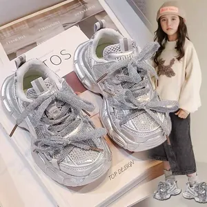 Kids Silver Rhinestone Chunky Sneakers Jazz Dance Performance Shoes For Girls Boys Thick Sole Breathable Sporty Running Shoes