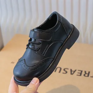 Classic black boys' leather brogue shoes with soft sole for school, weddings and performances