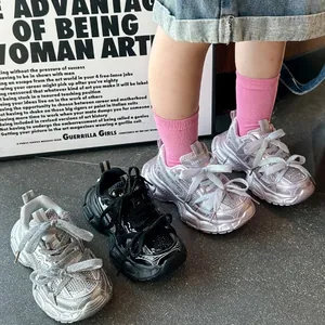 Sparkling silver chunky sneakers for children featuring rhinestone details for jazz dance