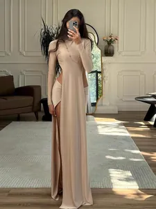Ensemble Deux Pièces Femme Sexy Couleur Unie Manches Longues Col Rond Top Avec Découpe Et Jupe Ajustée Avec Fente Haute