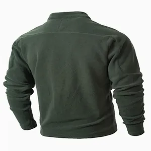 Warm men's slim fit stand collar long sleeve fleece sweatshirt in olive green back view