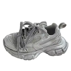 Shiny silver kids chunky sneakers with sparkling rhinestones for dance performance