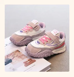 Detailed view of stylish girls chunky sneakers with lavender durian anti-slip soles.