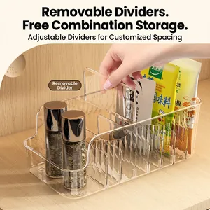 Clear plastic seasoning organizer box with adjustable dividers for kitchen cabinet storage