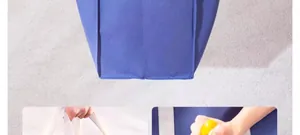 Macro view of blue woven storage bag details showing durable handle and reinforced stitching