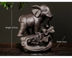 Close-up view of the purple clay elephant backflow incense burner with dimensions shown