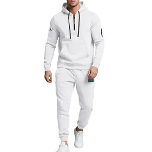 Detailed macro view of a heavy white fleece tracksuit set for men with cargo sleeve pocket