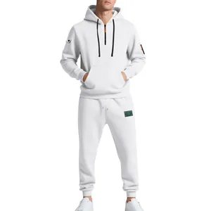 Detail of men's heavy fleece white tracksuit set with hooded sweatshirt and joggers