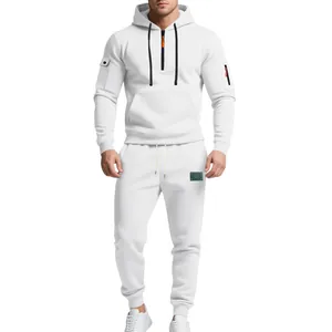 Men's premium heavy fleece white hoodie and jogger set for trendy winter street style.
