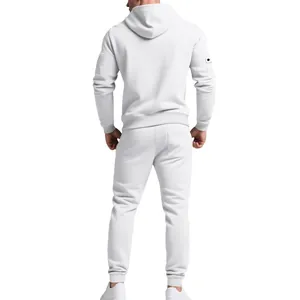 Full back view of premium men's heavy white fleece hoodie and sweatpants tracksuit set.