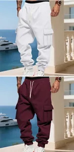 Detail view of men's fleece cargo sweatpants in white and burgundy with drawstring.