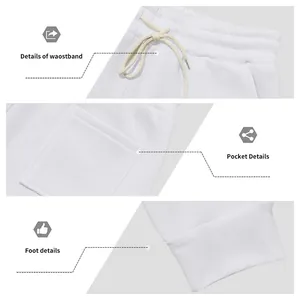 Details of white fleece joggers showing waistband drawstring, pocket, and ribbed cuffs.