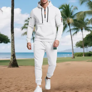 High-quality view of men's white fleece-lined hoodie and jogger set in beach setting