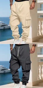Detail showing beige and dark grey fleece cargo pants with drawstring and side pockets