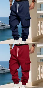 Split view showing navy blue and burgundy fleece cargo jogger pants for men
