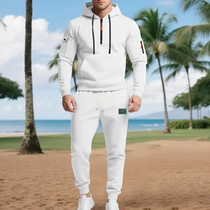 Full body view of men's white tracksuit set showing the regular fit and fleece texture