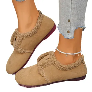 Mocassins d'hiver rétro doublés polaire pour femme, chaussures chaudes kaki en daim.