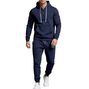 Detailed view of heavy-weight fleece tracksuit in navy blue with hoodie and joggers