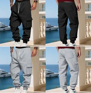 Front and back views of men's fleece cargo joggers in black and grey colors