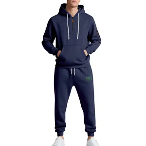 Heavyweight navy blue men's fleece hoodie and sweatpants tracksuit set for winter
