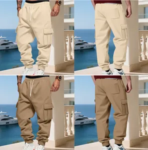 Detailed view of men's fleece cargo joggers in beige and khaki with multiple pockets