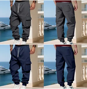 Men's fleece cargo sweatpants with drawstring and pockets in grey and navy blue