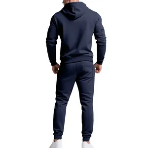 Back view of heavy navy blue men's fleece hoodie and jogger pants tracksuit set