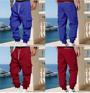 Detailed front and back views of men's fleece cargo pants in blue and burgundy red colors