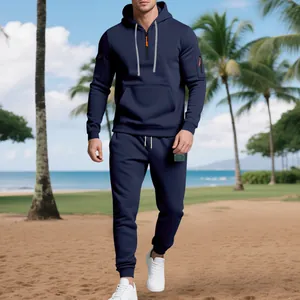 Men's navy heavy fleece hoodie and joggers tracksuit set for outdoor casual wear.