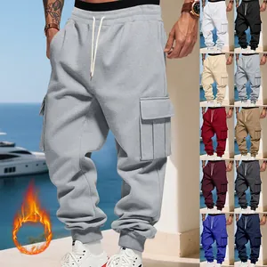 Men's American Vibe Fleece Lined Cargo Pants Multi-Pocket Drawstring Solid Color Casual Jogger Sweatpants For Winter