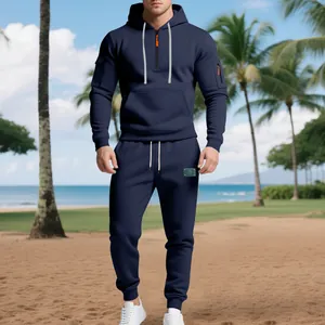 Close-up of navy blue men's fleece tracksuit with quarter-zip hoodie and cargo pants set