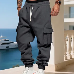 Men's fleece-lined cargo sweatpants with multi-pockets and drawstring in dark grey