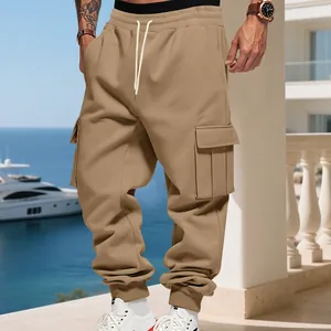 Men's American style fleece cargo sweatpants with drawstring and multi-pockets in khaki