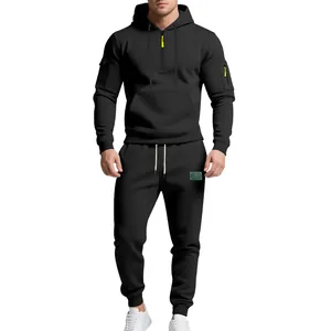 Premium men's heavy fleece black tracksuit set featuring a quarter-zip hoodie and joggers