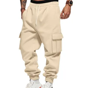 Men's fleece lined cargo sweatpants with drawstring waist and multi-pockets in beige