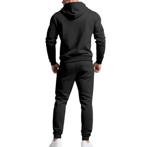 Back view detail of heavy-duty black fleece-lined hoodie and jogger set for men