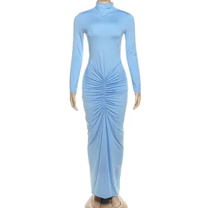 Front view of elegant light blue high-neck long-sleeve slim-fit ruched maxi dress