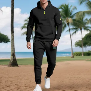 Heavyweight black fleece tracksuit for men with sleeve pockets and half-zip hoodie.