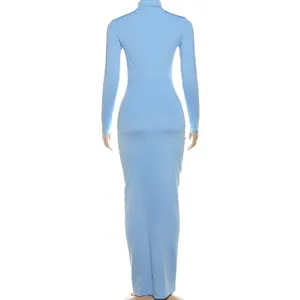 Back view of a light blue long-sleeve high-neck slim fit bodycon maxi dress