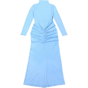 Detailed view showing the elegant light blue ruched long-sleeved high-neck maxi dress fabric.
