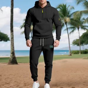Heavyweight black men's fleece tracksuit with cargo pockets for winter streetwear.