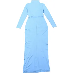 Full view of light blue high-neck long-sleeve maxi dress with waist ruching
