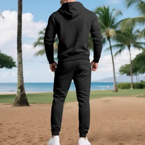 Back view of premium heavy black fleece hoodie and sweatpants tracksuit set for men