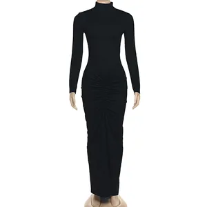 Black slim fit maxi dress with elegant ruched details and high neck design