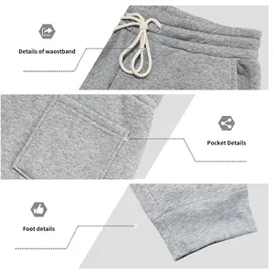Close-up details of grey fleece sweatpants featuring drawstring waist and ribbed cuff