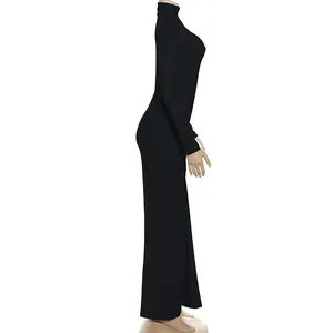 Close-up side view of a black slim-fit high-neck long-sleeve maxi dress on a mannequin